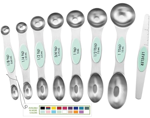 Spring Chef Stainless Steel Magnetic Measuring Spoons Set of 8 with Leveler, Nesting Metal Teaspoon & Tablespoon Measuring Spoons, Kitchen Gadgets for Baking & Cooking, Fits in Spice Jars - Mint