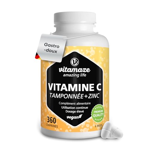 Vitamine C 1000mg Tamponnée + Zinc 20mg - 360 comprimés sans Acide Asorbique PH Neutre - Antioxydant et Immunologie - Vegan et Biodisponibilité Optimale - Sans Additifs