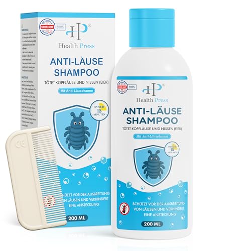 Health Press Anti-Läuse-Shampoo – 200 ml Vorteilspackung – Läuse Shampoo inkl. Läusekamm – Läuseshampoo Familienpackung für Erwachsene, Kinder – In EU zugelassenes Medizinprodukt in Apothekenqualität
