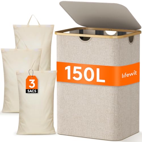 Lifewit Panier à Linge avec Sacs Amovibles, Grande Corbeille à Linge Pliable en Bambou avec Couvercle, Laundry Basket pour Chambre, Salle de Bain, Buanderie, 3 Compartiments, 150 L, Beige