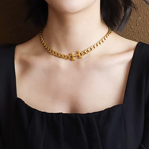 Tassadarglory Chunky Gold Chain Necklace For Women- Titanium Steel 18K Gold Plated Thick Gold Necklace Classic Cuban Link Chain For Women Dainty Trendy Gold Choker Necklace For Teen Girls #TOP1