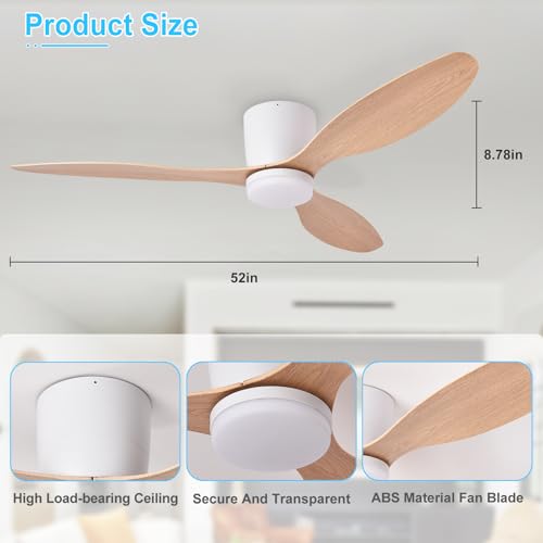 Image of Depuley Flush Mount Ceiling Fan: 52-Inch White Ceiling Fans with Lights for Bedroom Indoor Outdoor - Low Profile Ceiling Fans with Remote Control 24W 3CCT Dimmable 3 Reversible Wood Blades 6 Speeds