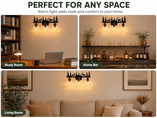 Image of Rustic Bathroom Light Fixtures, 3-Light Farmhouse Vanity Lamp with Deer Design and Clear Glass Shade, Black Wall Lighting for Bathroom, Hallway, Kitchen, Porch
