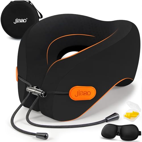 jiaao Travel Pillow Memory Foam Neck Pillow with Adjustable Neck Support, Eye Mask, Earplugs and Storage Case