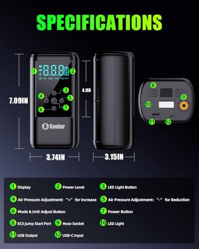 6000A Jump Starter with Air Compressor 160PSI, 12V Car Battery Booster for 10L Gas/10L Diesel, Portable Tire Inflator Car Booster Pack with Jumper Cables & 3 in 1 LED Light - 5