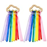 2pcs Rainbow Wooden Ribbon Ring Toys, Teether Sensory Toy, Cloud Shaped Teether with Ribbons Molar Wooden Circle for 3-18 Months Toddler Boys Girls