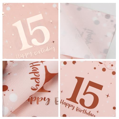 Servietten 15. geburtstag, 30 Stück Rosa Geburtstags Servietten, Happy Birthday 15 Servietten, 3-Lagig Milestone 15 Tischdekoration Papierservietten für mädchen Geburtstag Feiern Party Jubiläum