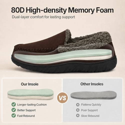 Image of Men's Moccasin House Slippers Memory Foam Suede Plush Indoor Bedroom Shoes | Fuzzy Non-Slip Warm Winter Comfy Cowboy Slippers for Indoor Outdoor Home Dad Husband Grandpa Gifts Black Brown Grey