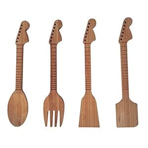 Bamboo Guitar Neck Shaped Kitchen Cooking Utensil Set – Guitar Shaped Musician Gifts – Set of 4: Spoon, Spatulas and…