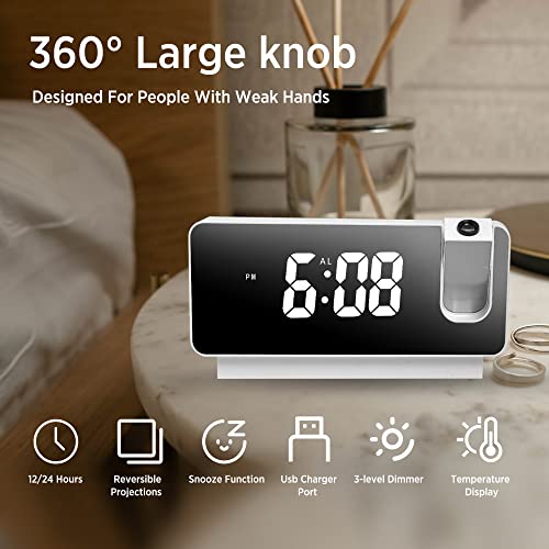 Lorzacio Digital Alarm Clock For Bedroom, Smart Alarm Clock With Projection On Ceiling, Led Digital Wall Clock With Usb Charger Ports, 180°Projector, Dimmer, Battery Backup, 12/24H For Kids Elderly #TOP2