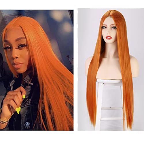 Greenmirr Orange Perücke Natürlicher Spitzen-Haaransatz Hitzebeständiges Haar mit Ersatzperücke für Frauen (Long Straigth Orange Wig 32in)