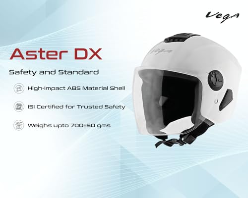 Image of Vega Aster Dx ISI Certified Full Face Motorcycle Helmet with Durable ABS Outer Shell High Density EPS Liner Scratch Resistant Visor Quick Release Buckle Comfortable Inner Padding White Helmet-L