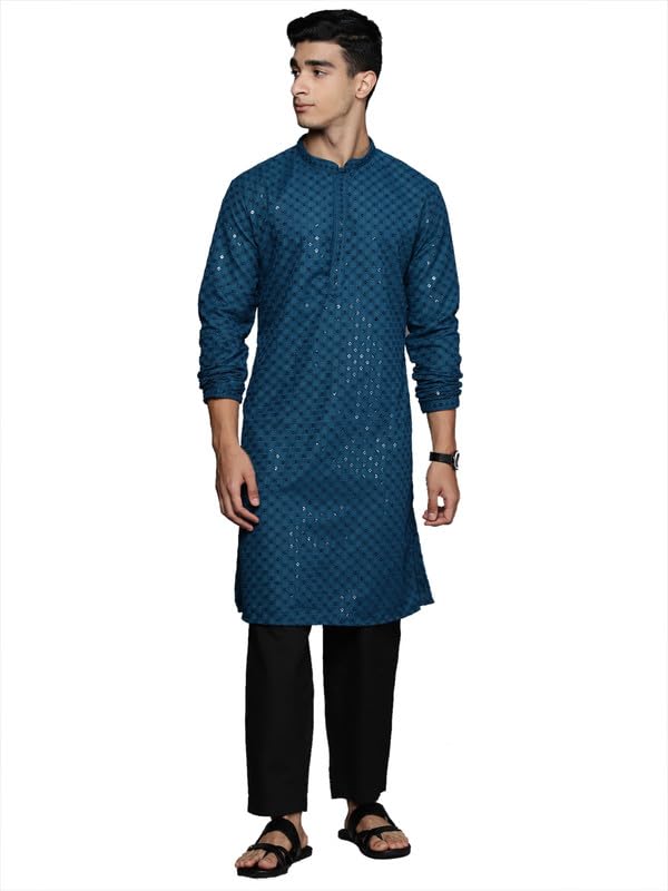 Indo Era Men's Cotton Straight Fit Geometric Embroidered Kurta (MKT3TL1277) in neutral
