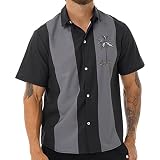 inlzdz Herren Hemd Bowling Shirt Camp Cabin Cabana Vintage T-Shirt Kurzarmhemd Worker Hemd Freizeithemd Double Panel Lounge Gabardine Retro Sommerhemd Schwarz D 4XL