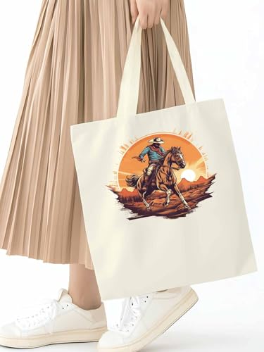 Canvas Tote Bag, Western Aesthetic Canvas Tote Handbags for Women Shoulder Bag Vintage Cowboy Print2