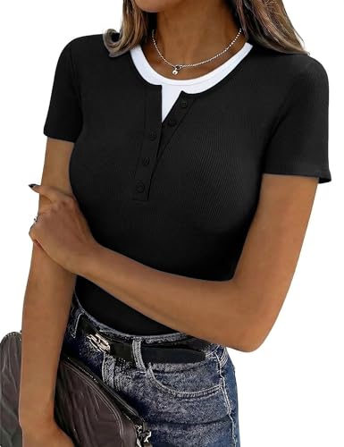 Wayleb Damen T-Shirt Baumwolle Kurzarm Rundhals T-Shirt Stretch Figurbetont Tee Shirt Alltag Freizeit Sommer, Schwarz-B, L