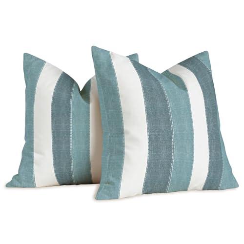 Brylleii Lot de 2 Housses de Coussins Rayures Blanc 50x50cm Turquoise Bleu Canard Moderne Housse Coussin Decoratif Canapé Taie d'oreiller Vintage Lin...
