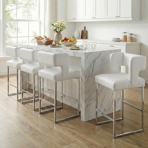Image of 26 inch H Bar Stools Set of 4 with Back, Faux Leather Counter Height Stools with Footrest, Square Metal Frame, Modern Upholstered Bar Chairs for Kitchen Island /Dining Room, White & Silver Legs
