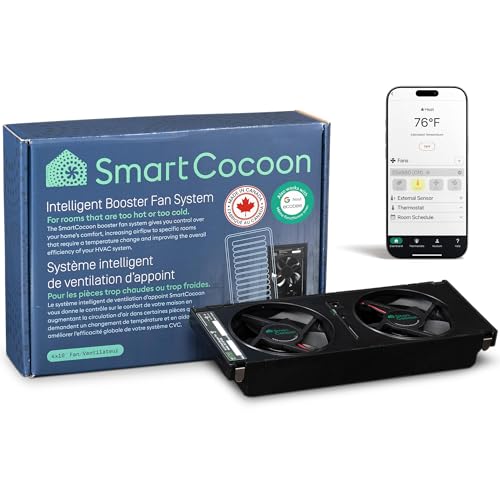 SMARTCOCOON 4x10 Smart Booster Fan System –Improves Weak Airflow in Hot & Cold Rooms – Works with Forced Air Heating & Cooling Systems – Integrates with Nest & ecobee – Works with Alexa-Made in Canada