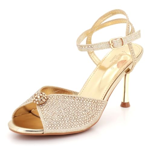 Image of AARZ LONDON Womens Diamante Stiletto Sandals Ankle Strap Evening Wedding Party Prom Bridal Ladies Sparkly High Heel Gold Shoes Size 4 UK 37 EU
