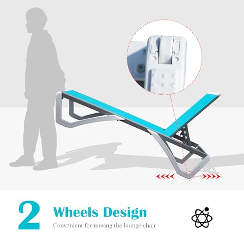 Image of Domi Outdoor Lounge Chair, Aluminum Patio Chaise Lounge with 5 Position Adjustable Backrest and Wheels, All Weather Reclining Chair for Patio, Yard, Balcony, Poolside (Lake Blue)