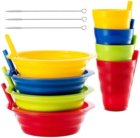 Cereal Bowls with Straws & Kids Straw Cups - Set of 4 Kids Plastic Bowls with Straws & 4 Straw Cups for Kids BPA Free Dishwasher Safe Kids Bowls with Built-In Straw Include 3 Cleaning Brushes