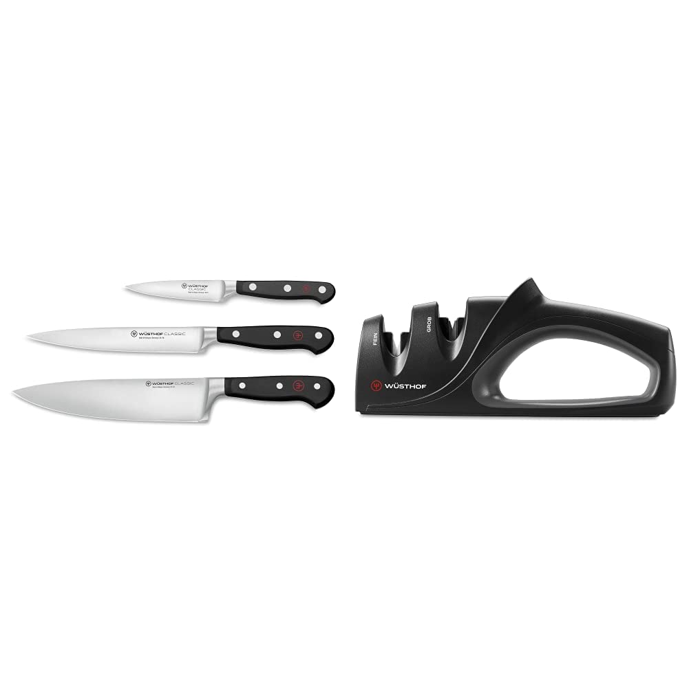 WÜSTHOF Classic 3-Piece Chef's Knife Set & 2-Stage Hand-Held Sharpener
