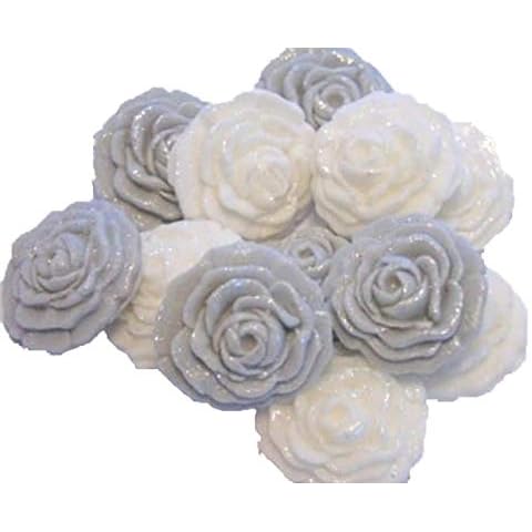 12 Mixed Small Roses Cupcake Topper Decorations (6 Silver 6 White) Cover