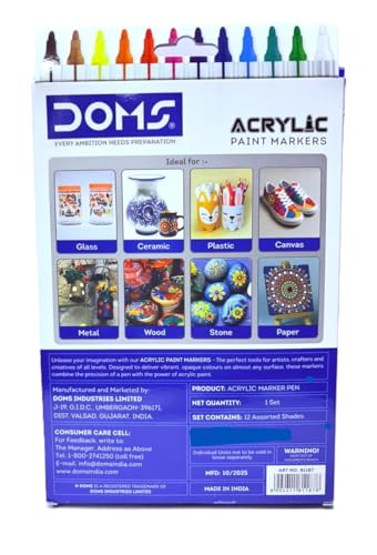Image of Doms Acrylic Paint Marker- 12 Assorted Shades| Soft Bullet Tip| Bright & Rich Colours| Perfect For Pop, Abstract & Graphic Design Art| Pack of 1