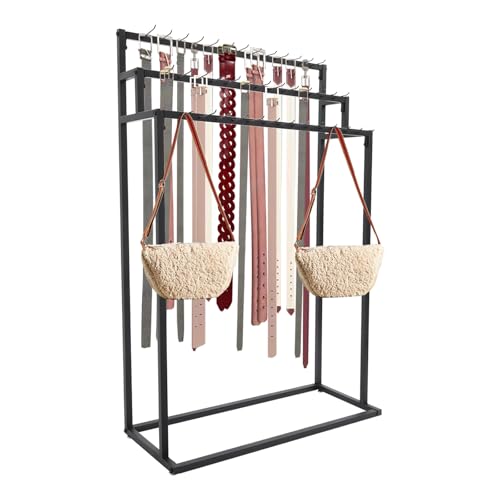HZOPUTLH Belt Hanger, 3 Tier Freestanding Belt Display Rack with 39 Hooks, Tie Racks Belt Organizer Purse Hangers, Floor Mounted Retail Display for Belts, Ties, Scarves (Black)