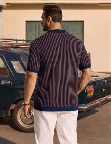 Image of COOFANDY Mens Knit Button Down Shirts Short Sleeve Polo Shirt Vintage Striped Casual Shirts