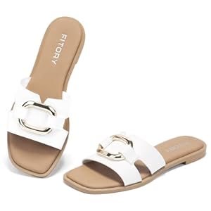 FITORY Women’s Flat Sandals Fashion Square Open Toe Slides With Metal Chain Slippers for Summer Size 6-11