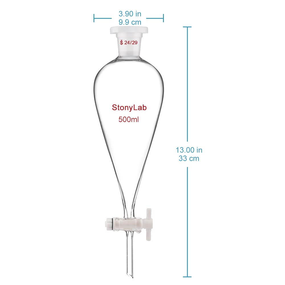 stonylab Borosilicate Glass 500 ml Heavy Wall Conical Separatory Funnel with 24/29 Joints and PTFE Stopcock, 500 ml — Amazon image 2