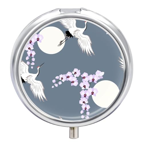 Round Pill Box Orchids and Japanese Birds Cranes Portable Pill Case Medicine Organizer Vitamin Holder Container with 3 Compartments
