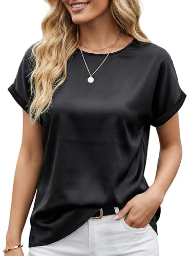 Image of Lodnrimya Women's Short Sleeve Satin Blouse Casual Loose Crewneck Silk Shirts Summer Business Office Work Tops (A-Black, M)