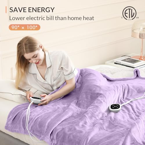 Image of HOMLYNS LuxeHeat Heated Blanket Electric Blanket King Size, Soft Flannel Sherpa Heating Blanket with 10 Heat Settings, 1-10 hrs Timer Auto Shut Off (90x100 inches, Purple), Only for 120V Voltage Use