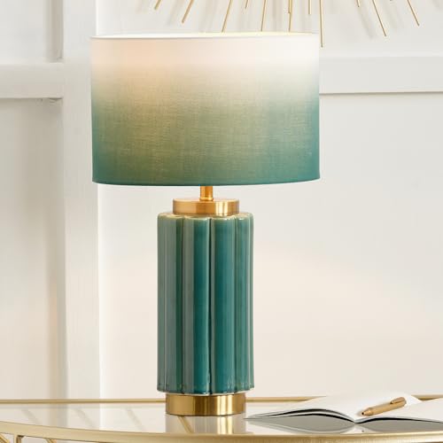Image of Pacific Lifestyle Ceramic Ombre Green Table Lamp with Shade | Modern Scalloped Lamps for Living Room | Elegant Art Deco Table Lamp for Bedroom Bedside Tables (Green)
