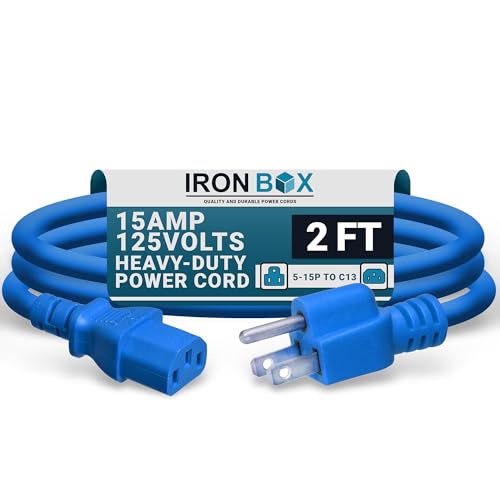 Image of IronBox Electric - Heavy-Duty 5-15P to C13 Power Cord - 3 Prong 15A 125V 14 /3 SJT PC Cable - Cord for Computer, Monitor, Subwoofer, Amplifier - Cable for Power Supply - (Blue 2 Foot)