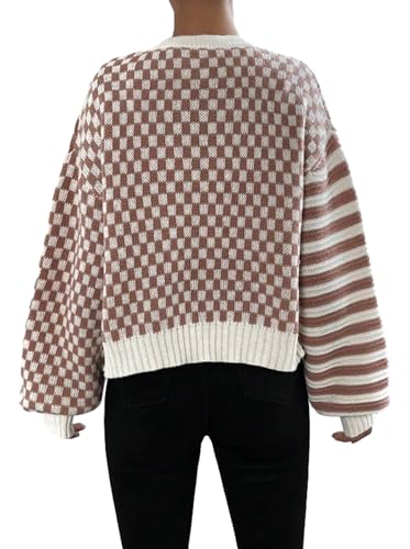 Women's Long Sleeve Cardigan V Neck Drop Shoulder Cardigan Ribbed Knit Two Color Checkered Loose Warm Cozy Ladies Sweater Top2