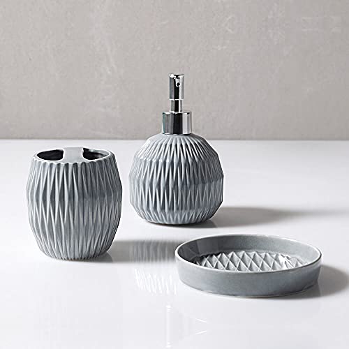 Conjunto Banho, 3 Peças, Porta-Sabonete Líquido/Porta-Sabonete em Barra/Porta-Escova de Dente, Cinza