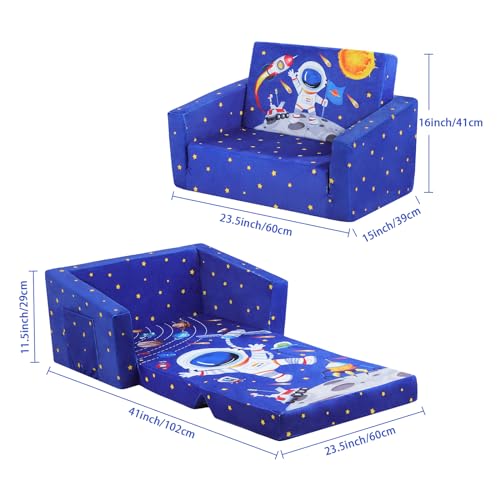 Decalsweet Astronaut Foldable Kids Sofa Chair,2 in 1 Flip Open Toddler Couch with Pocket,Children's Sofa for Bedroom Nursery,Gift for Boys
