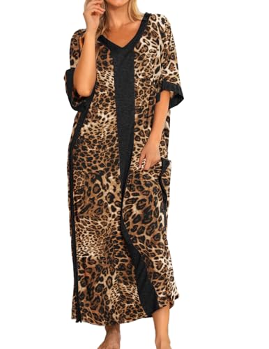 Image of Bloggerlove Women Nightgowns Cotton Caftan House Dress Short Sleeve Sleepwear Vacation Beach Moo Moos Dress with Pockets