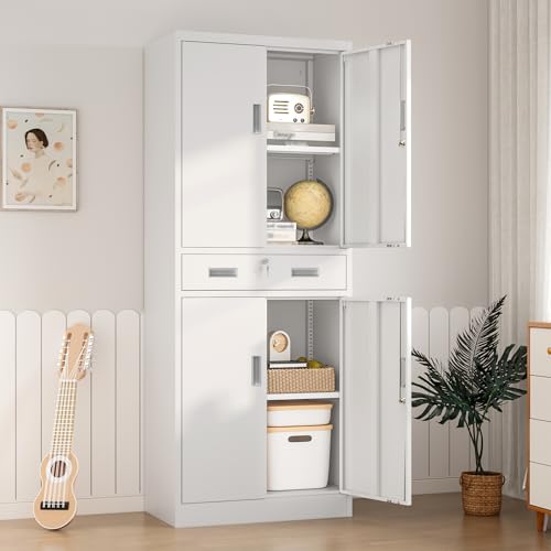 Wanfu Metal Storage Cabinet, 71" H x 28" W x 16" D Locking Storage Cabinet with 2 Adjustable Shelves and 1 Drawer for Office, Garage, Home, School, Utility(White)