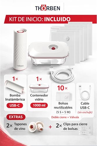 Miniatura 3 de Thörben Kit Envasadora Al Vacío Doméstica, Máquina Envasar Al Vacío Usb-C Con Bomba De Vacío Para Alimentos Inalámbrico, Tupper Al Vacío Cristal De Borosilicato 1l, 10 Resistentes Bolsas Reutilizables