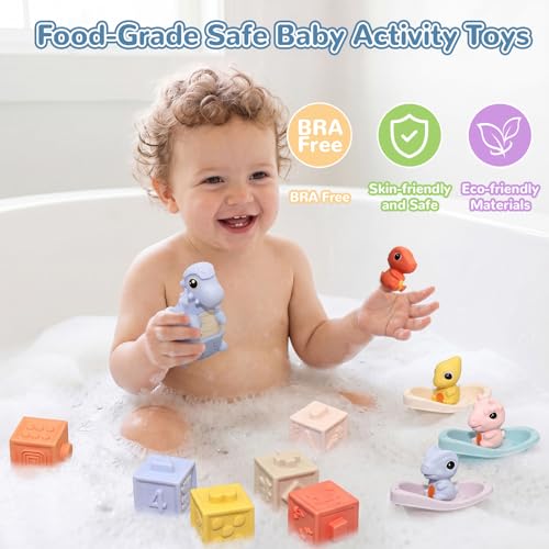 BFALSHB Baby Montessori Toys 6-12 Months, 5 in 1 Sensory Learning Set with Stacking Blocks, Shape Sorter, Bath Toys, Activity Cube, Dinosaur Stacker Educational Toddler Gifts for Boys Girls - Image 5
