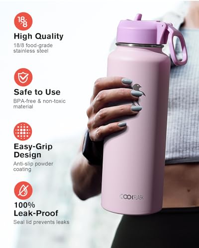 Image of Coolflask 40 oz Water Bottle Insulated with Straw & 3 Leakproof Lids