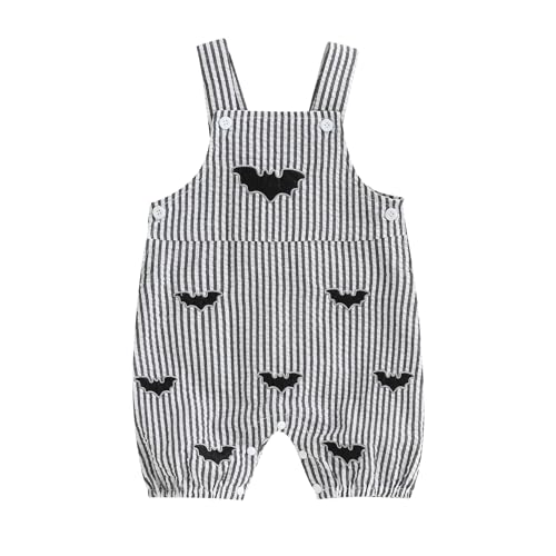 Image of Xnqiwq Newborn Baby Boy Girl Halloween Outfit Skull/Bat/Pumpkin Romper Bib Overalls Suspender Striped Jumpsuit Clothes