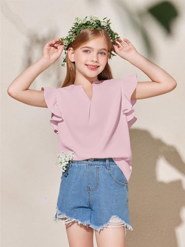Image of Haloumoning Girls Summer T Shirts Kids Fashion V Neck Ruffle Short Sleeve Tops Blouse 5-14 Years