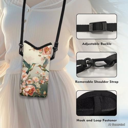 Image of Women Men Crossbody Phone Bag Lightweight Neoprene Cellphone Case Waterproof Phone Carry Pouch for iPhone 15 /14 / 13 Pro Max, for Samsung S24, S23+, A25, A35, Hummingbird Floral Pattern