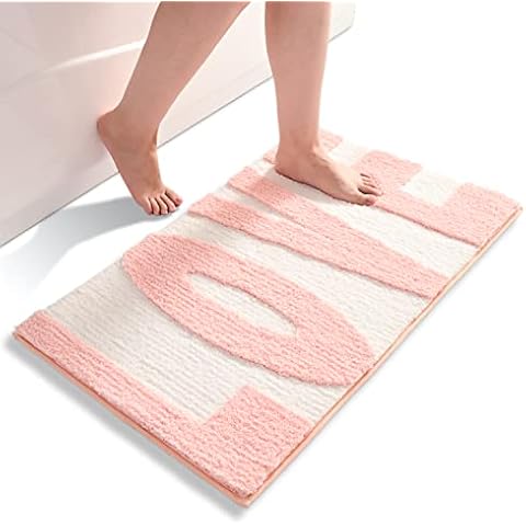 Pink Bath Mat 50 x 80 cm Non Slip Bath Mats for Bathroom, Super Absorbent Bathroom Rug, Soft White Plush 3D Letters Microfiber Floor Mats, Machine Washable Carpet for Shower, Living Room, Bedroom Cover